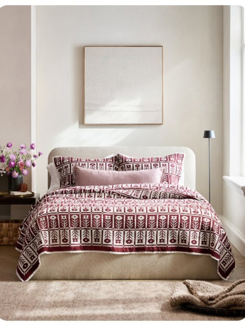 Quince Organic Cotton Jacquard Floral Coverlet in Burgundy  King / Cali King